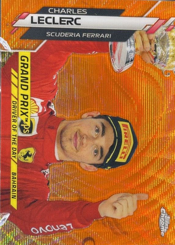 Charles Leclerc 2020 Topps Chrome Formula 1 #155 Grand Prix Driver of the Day - Orange Wave Refractor /25 (Bahrain) Rookie PSA 10