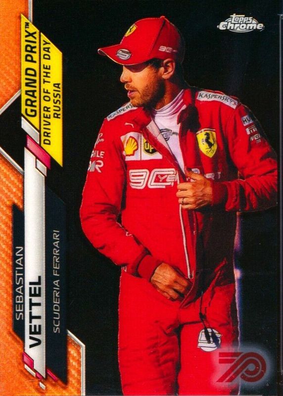 Sebastian Vettel 2020 Topps Chrome Formula 1 #169 Grand Prix Driver of the Day - 70th Anniversary Orange Refractor (Russia) PSA 10