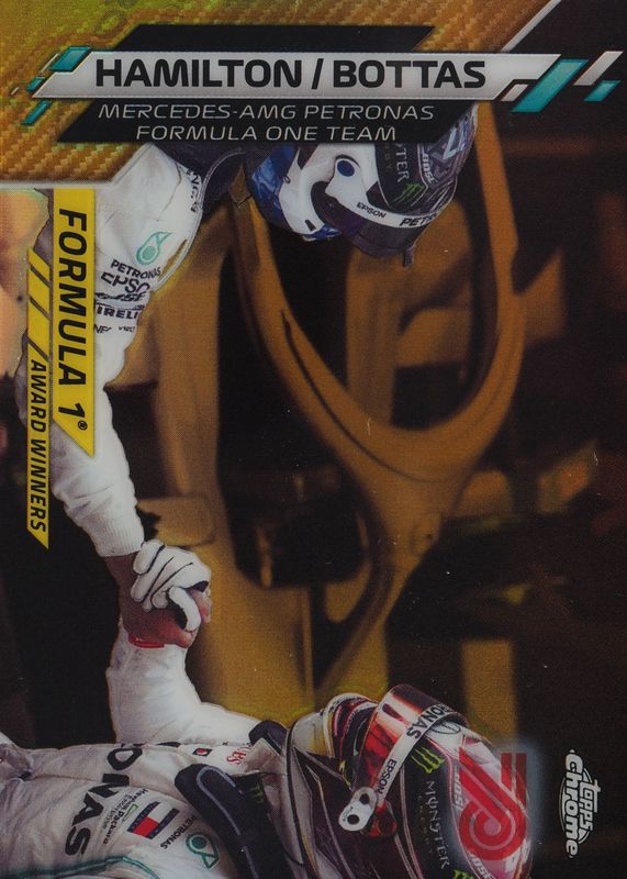 Lewis Hamilton / Valtteri Bottas 2020 Topps Chrome Formula 1 #196 F1 Award Winners - 70th Anniversary Gold Refractor RAW