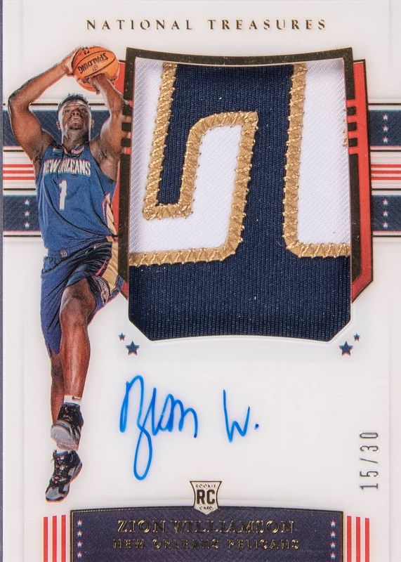 Zion Williamson 2019 National Treasures #108 Rookie Patch Auto - Stars & Stripes /30 Rookie PSA 10