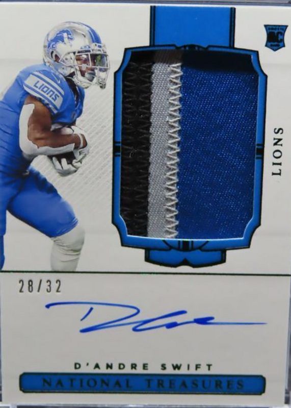 D'Andre Swift 2020 National Treasures #165 Rookie Patch Auto - Green Jersey Number (/32) Rookie BGS 9