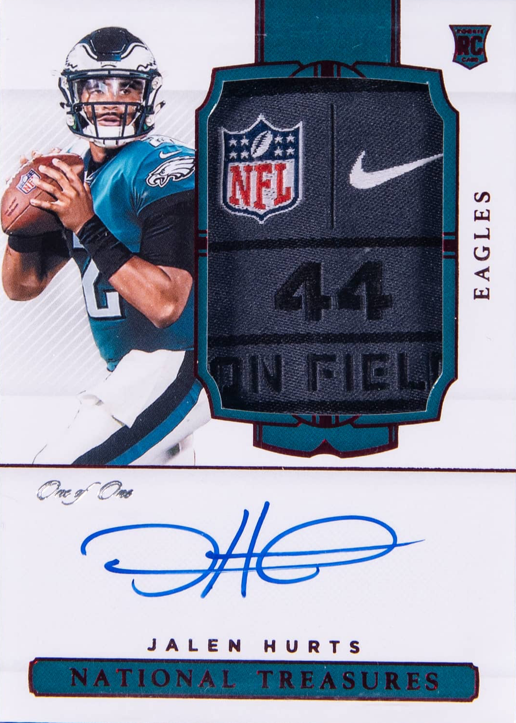 Jalen Hurts 2020 National Treasures #161 Rookie Patch Auto - Red