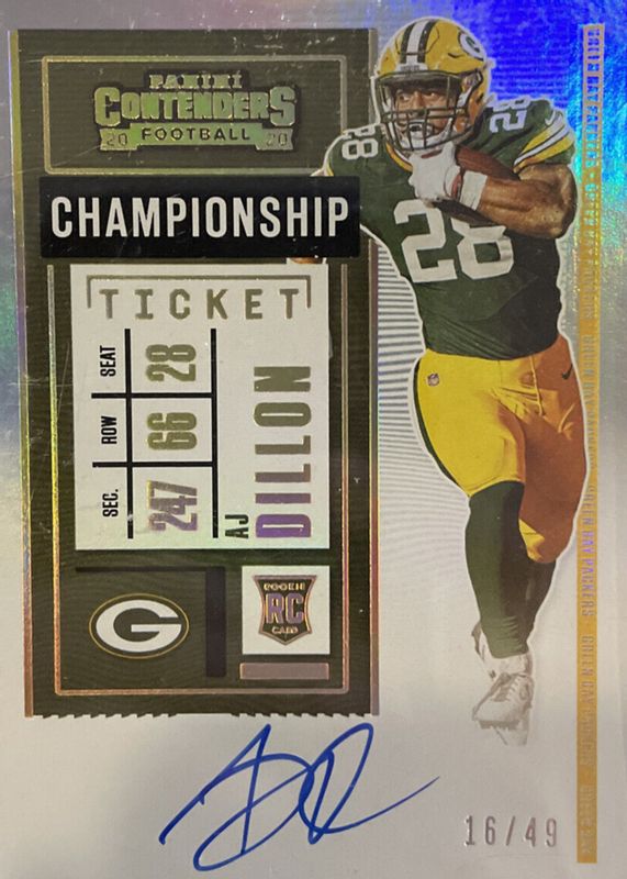 AJ Dillon 2020 Contenders #126 Rookie Ticket Auto - Championship /49 Rookie SGC 10