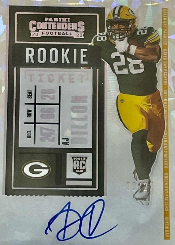 AJ Dillon 2020 Contenders #126 Rookie Ticket Auto - Cracked Ice /22 Rookie SGC 10