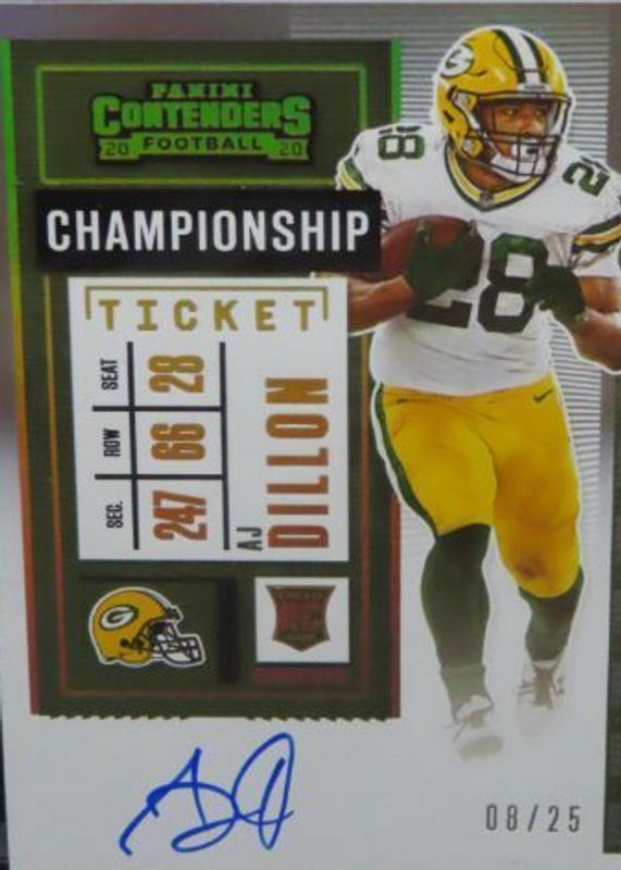 AJ Dillon 2020 Contenders #126 Rookie Ticket Auto Variation - Championship Ticket /25 PSA 10