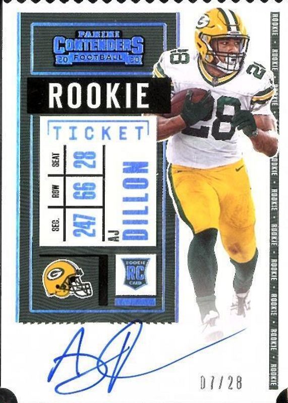 AJ Dillon 2020 Contenders #126 Rookie Ticket Auto Variation - Ticket Stub (/28) PSA 10