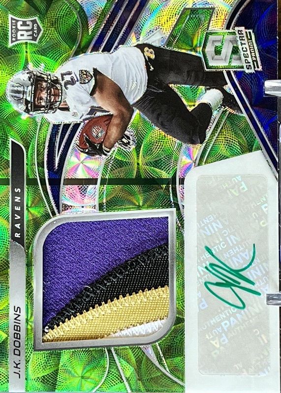 JK Dobbins 2020 Spectra #212 Rookie Patch Auto - Neon Green /50 RAW