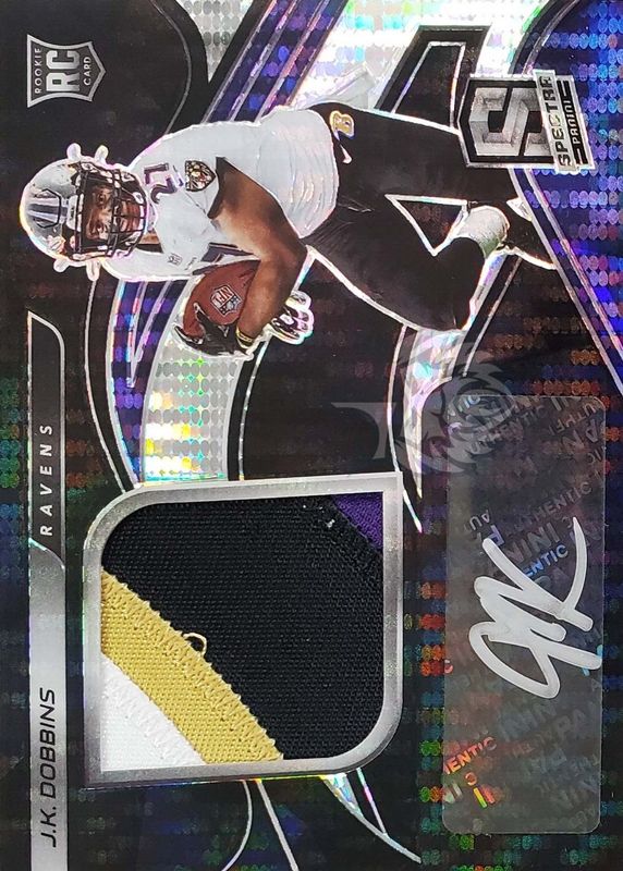 JK Dobbins 2020 Spectra #212 Rookie Patch Auto - Neon Black Light /10 RAW