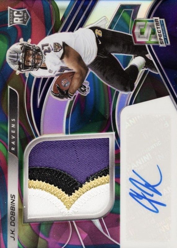 JK Dobbins 2020 Spectra #212 Rookie Patch Auto - Neon Marble /4 RAW