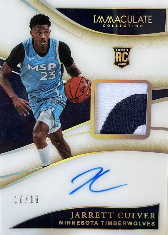 Jarrett Culver 2019 Immaculate #127 Rookie Patch Auto - Gold /10 Rookie SGC 10