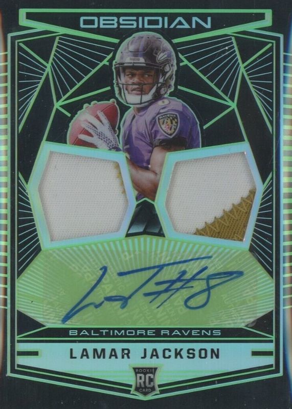 Lamar Jackson 2018 Obsidian #2 Rookie Jersey Ink Dual Relics - Electric Etch Green /25 PSA 10