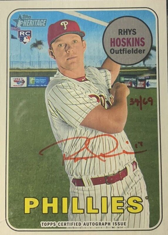 Rhys Hoskins 2018 Topps Heritage High Number #ROA-RH Real One Autographs - Red Ink /69 Rookie PSA 8