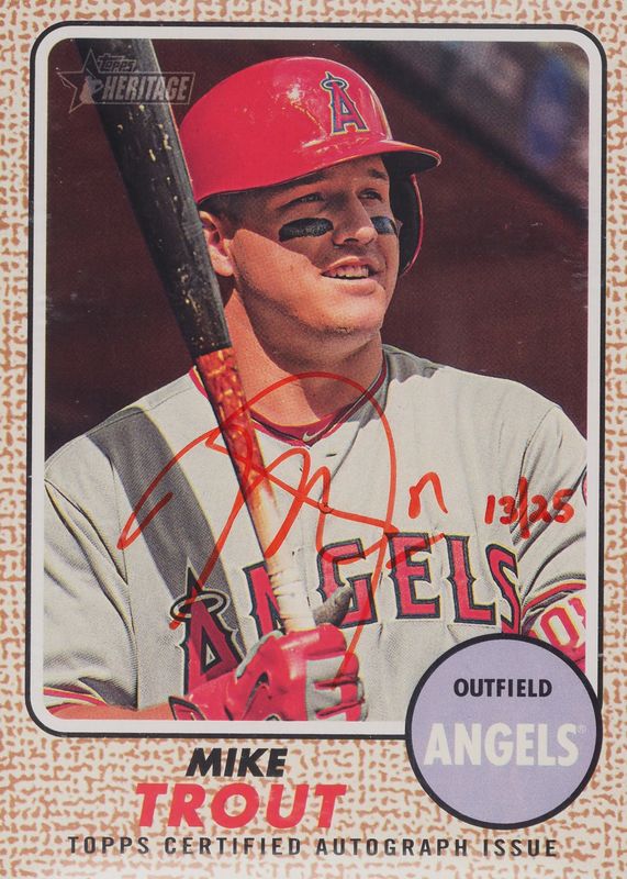 Mike Trout 2017 Topps Heritage High Number #ROA-MT Real One Autographs - Red Ink /25 (Wearing Helmet) PSA 9