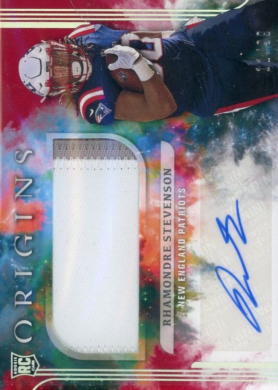 Rhamondre Stevenson 2021 Origins #185 Rookie Jumbo Jersey Autographs - Red /99 RAW