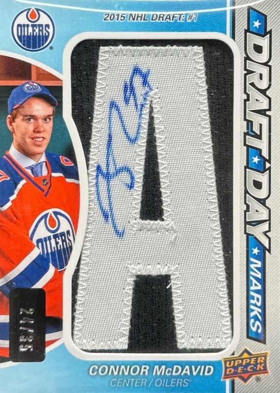 Connor McDavid 2015 SP Game Used #DDM-CM Draft Day Marks Manufactured Letters Rookies /35 Rookie RAW