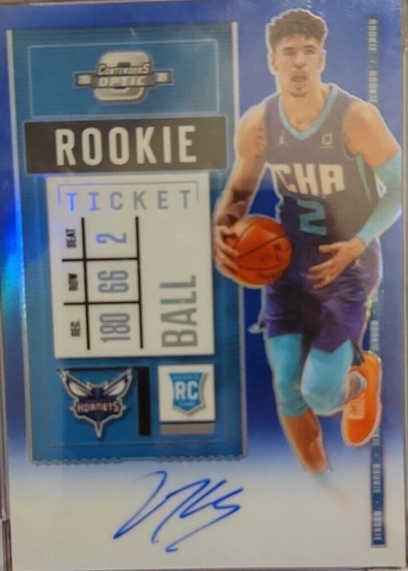 LaMelo Ball 2020 Contenders Optic #105 Rookie Ticket Auto Variation - Blue /35 (Dark Jersey) PSA 10