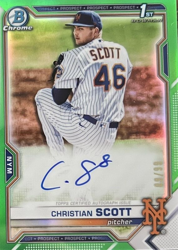 Christian Scott 2021 Bowman Draft #CDA-CS Chrome DP Auto - Green Refractor /99 (1st) PSA 10