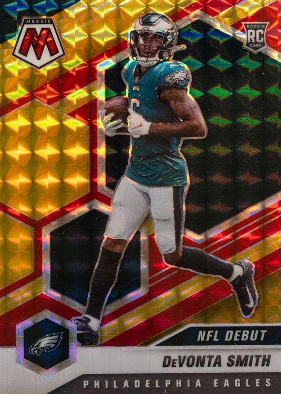 DeVonta Smith 2021 Mosaic #246 NFL Debut - Choice Fusion Red & Yellow /80 Rookie SGC 10