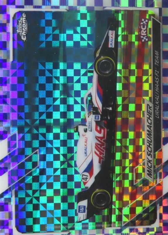 Mick Schumacher 2021 Topps Chrome Formula 1 #17 Purple Checker Flag Refractor /199 Rookie RAW