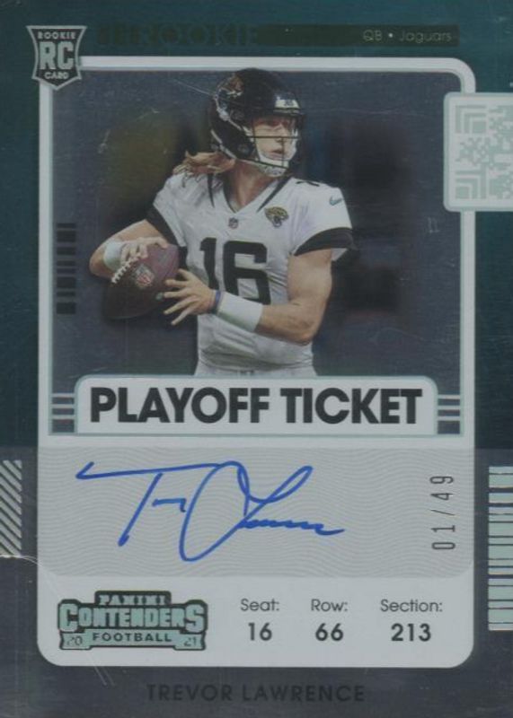 Trevor Lawrence 2021 Contenders #101 Rookie Ticket Auto Variation - Playoff Ticket /49 RAW
