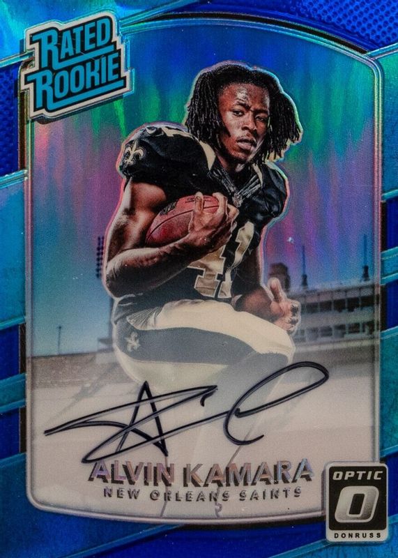 Alvin Kamara 2017 Optic #199 Rated Rookie Autographs - Blue /75 PSA 10