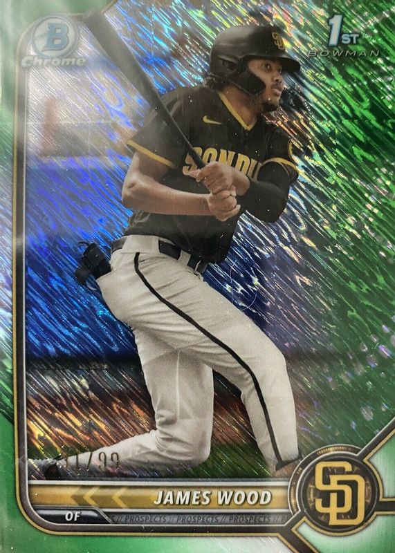 James Wood 2022 Bowman #BCP-108 Chrome Prospects - Green Shimmer Refractor /99 (1st) RAW