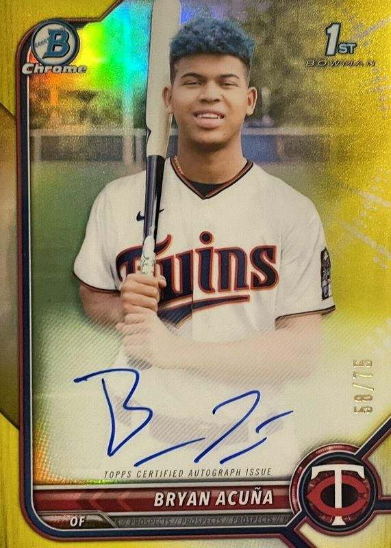 Bryan Acuna 2022 Bowman #CPA-BA Chrome Prospect Auto - Yellow Refractor /75 (1st) PSA 10