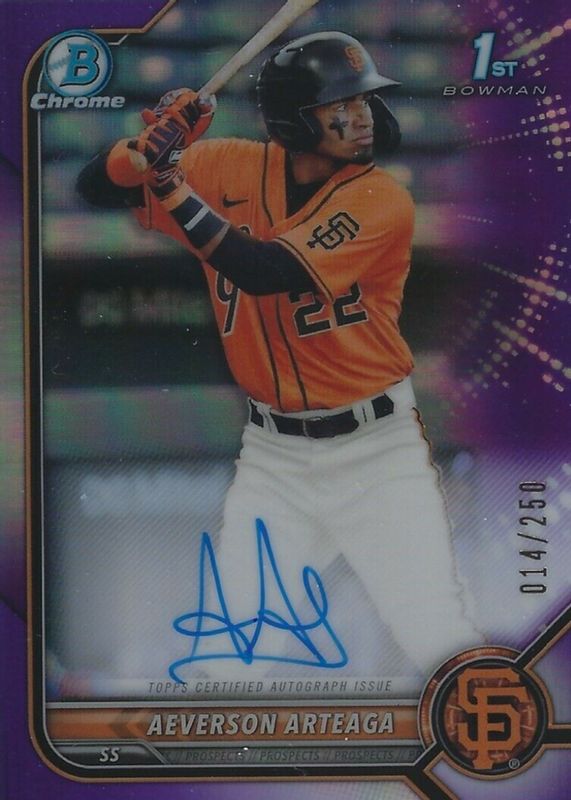 Aeverson Arteaga 2022 Bowman #CPA-AA Chrome Prospect Auto - Purple Refractor /250 (1st) PSA 10