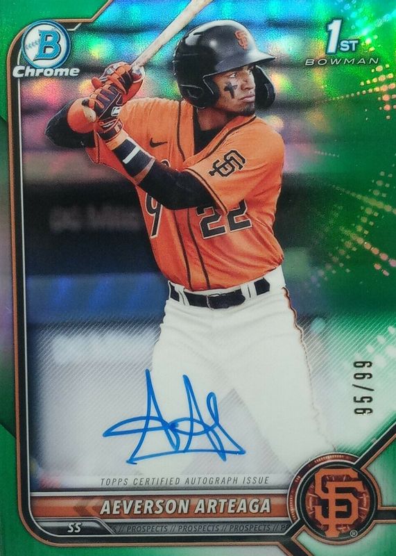 Aeverson Arteaga 2022 Bowman #CPA-AA Chrome Prospect Auto - Green Refractor /99 (1st) RAW