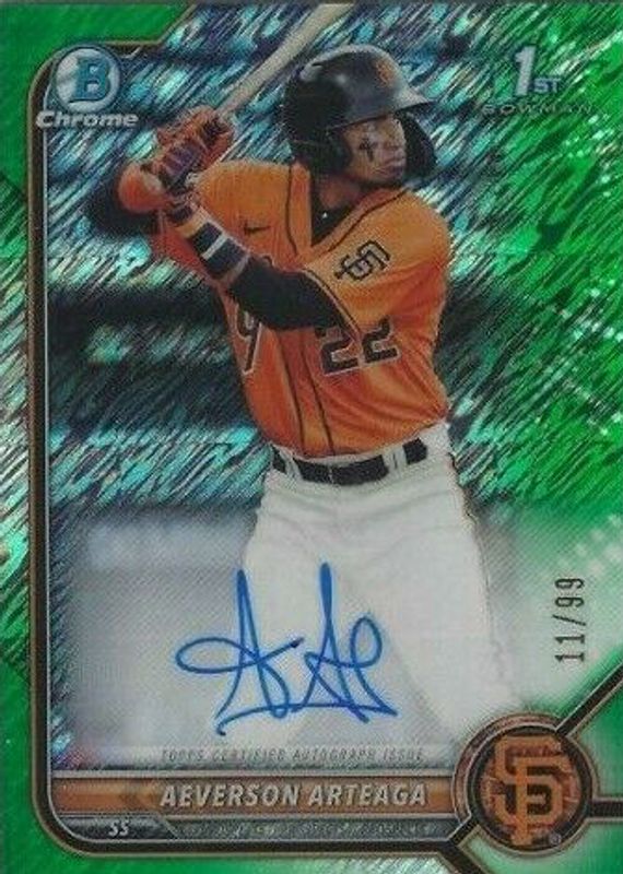 Aeverson Arteaga 2022 Bowman #CPA-AA Chrome Prospect Auto - Green Shimmer Refractor /99 (1st) SGC 10