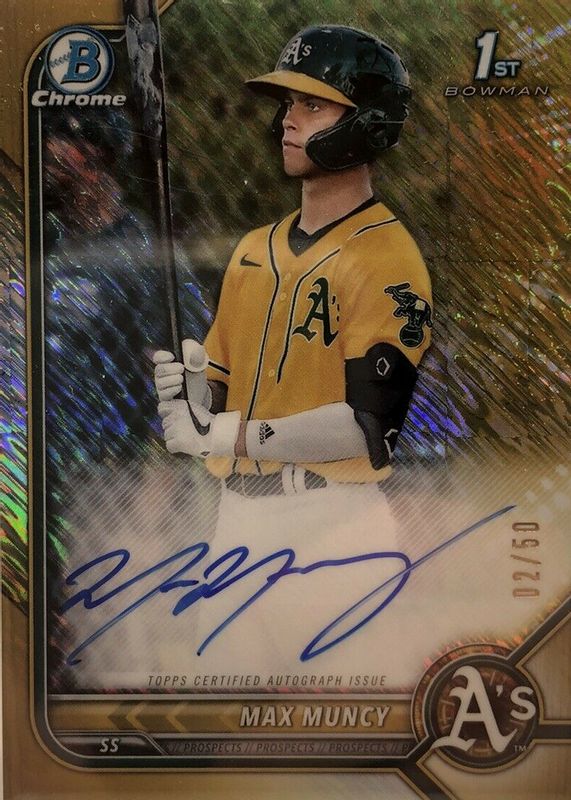 Max Muncy (A's) 2022 Bowman #CPA-MMU Chrome Prospect Auto - Gold Shimmer Refractor /50 (1st) PSA 10