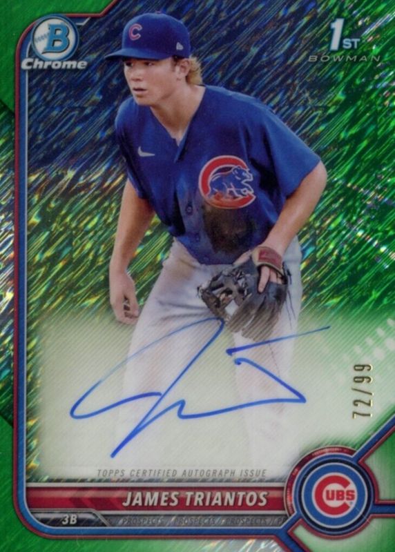 James Triantos 2022 Bowman #CPA-JTS Chrome Prospect Auto - Green Shimmer Refractor /99 (1st) PSA 10