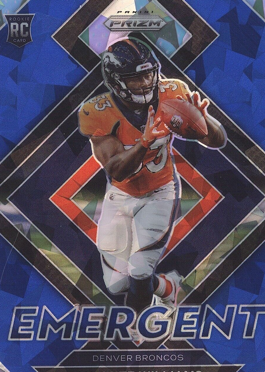Javonte Williams 2021 Prizm #E-15 Emergent - Blue Ice /99 Price