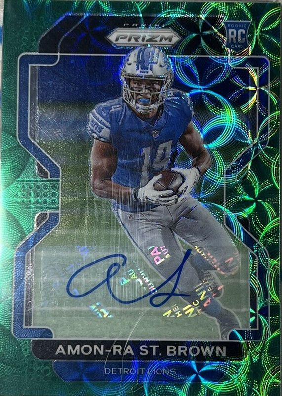 Amon-Ra St. Brown 2021 Prizm #358 Rookie Autographs - Green Scope /75 Rookie PSA 10