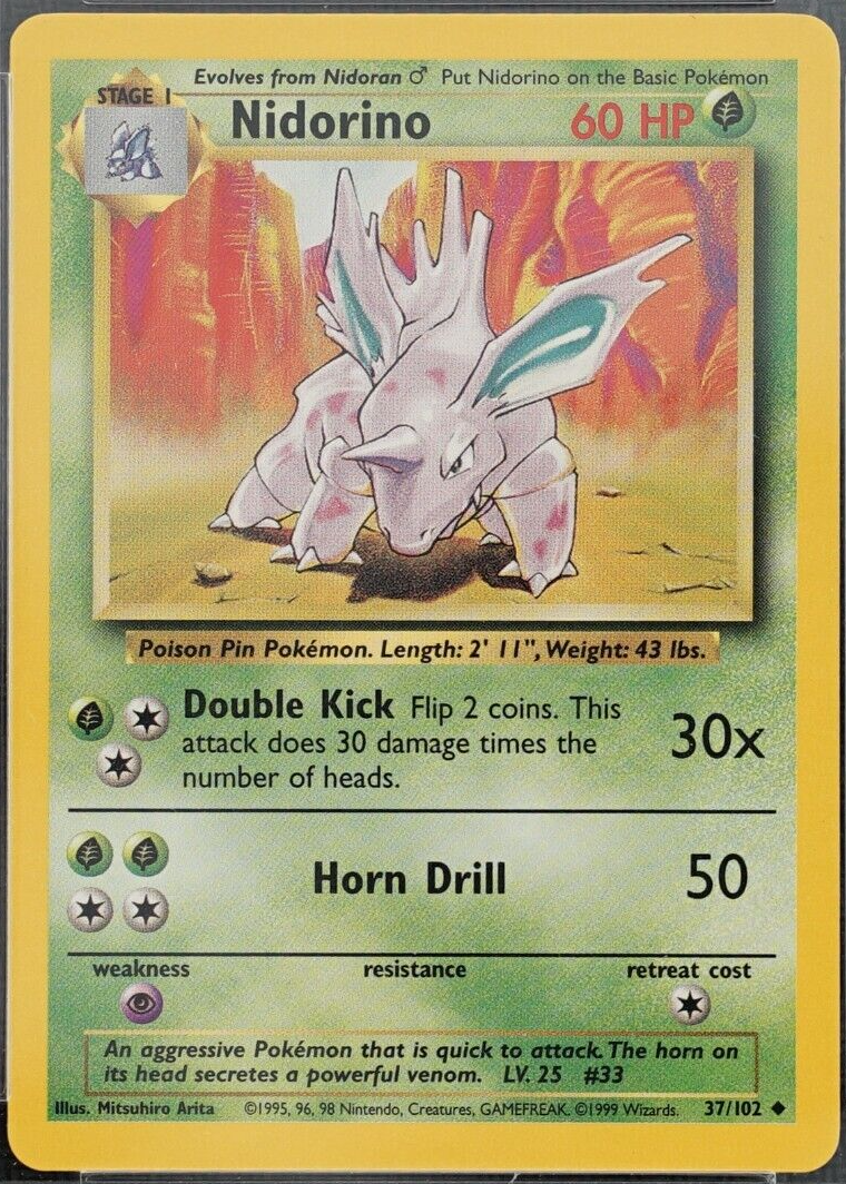 1995 nidorino pokemon card value - 033/165 - Pokemon 151 - Reverse Foil [2G] Thrash (30+) Flip a coin Nidoran + Nidorina Base Set