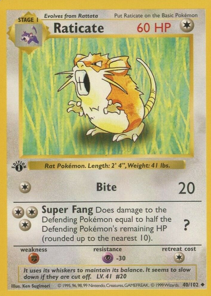 1999 rattata pokemon card Base Set Unlimited Print VG, 61/102 Preserved in a tamper Pokmon 1999 Shadow Base Set