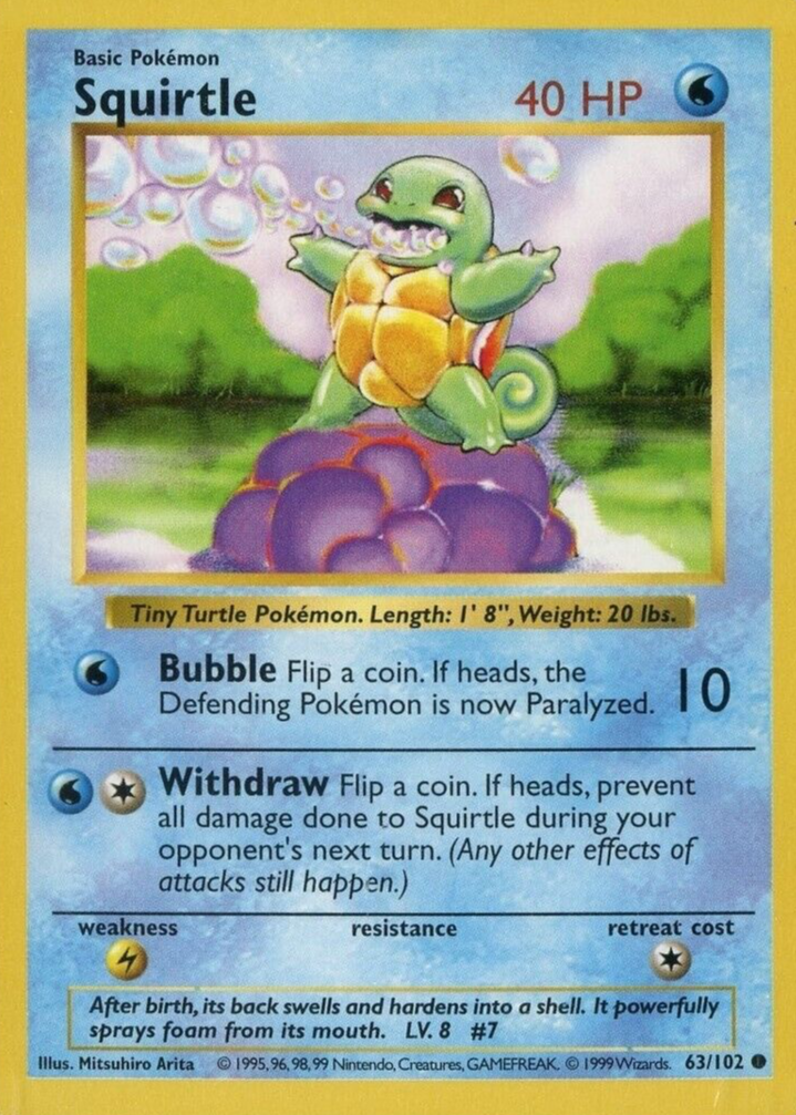 1999 squirtle pokemon card value original base Item Information Certification Number 47800240 Label Type with fugitive ink technology Reverse Cert Number/Barcode Yes Year 1999 Brand POKEMON GAME Sport TCG Cards Card Number 63 Player SQUIRTLE Variety/Pedigree SHADOWLESS Grade MINT 9 1st Edition Squirtle Value :