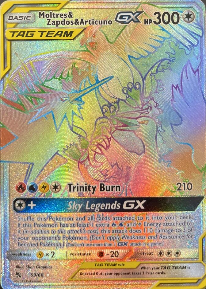 pokemon card moltres zapdos articuno rainbow rare 2019 Moltres, Zapdos, & Articuno GX (Secret) PSA 9 – Kollector's Nest main image 0