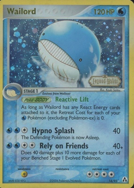 Wailord 2006 EX: Legend Maker #14/92 Reverse Holo SGC 10