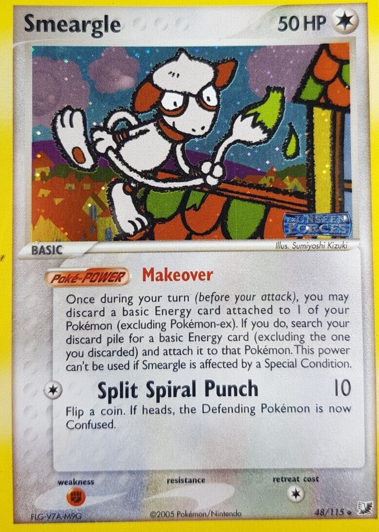 smeargle holo pokemon card value 2005 EX: Unseen Forces #048/115 Reverse Price Guide Colorless Tail Whap (80) Weakness Fighting ×2 Resistance None None Retreat Cost Smeargle 123/162 - BREAKthrough Reverse