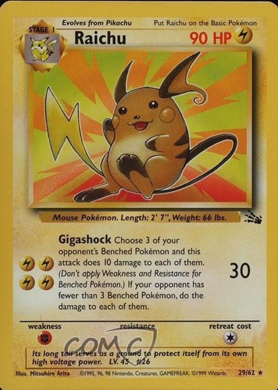 Raichu 1999 Fossil #29/62 Unlimited CGC 9