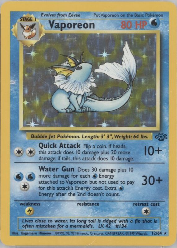 Vaporeon 1999 Jungle #12/64 Unlimited Holo SGC 9.5