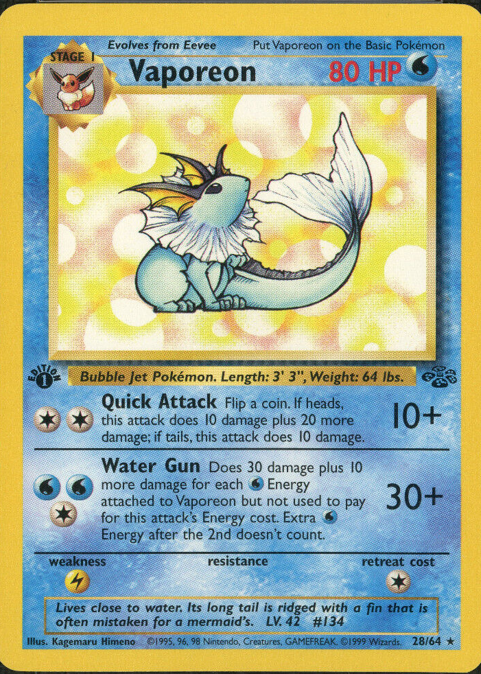 英語版初期　ポケモンカード　Vaporeon holo 1st Edition 1999 Pokemon Jungle Vaporeon 12/64 Holo 1st Edition GEM MINT