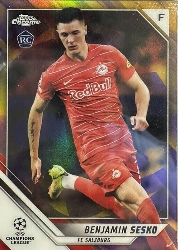 Benjamin Sesko 2021 Topps Chrome UEFA Champions League #187 Purple & Gold Starball Refractor Rookie PSA 10