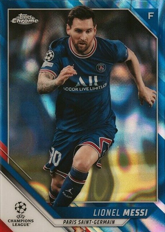 Lionel Messi 2021 Topps Chrome UEFA Champions League #100 Blue Lava Refractor PSA 10