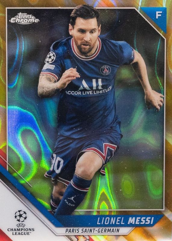 Lionel Messi 2021 Topps Chrome UEFA Champions League #100 Gold Lava Refractor PSA 10