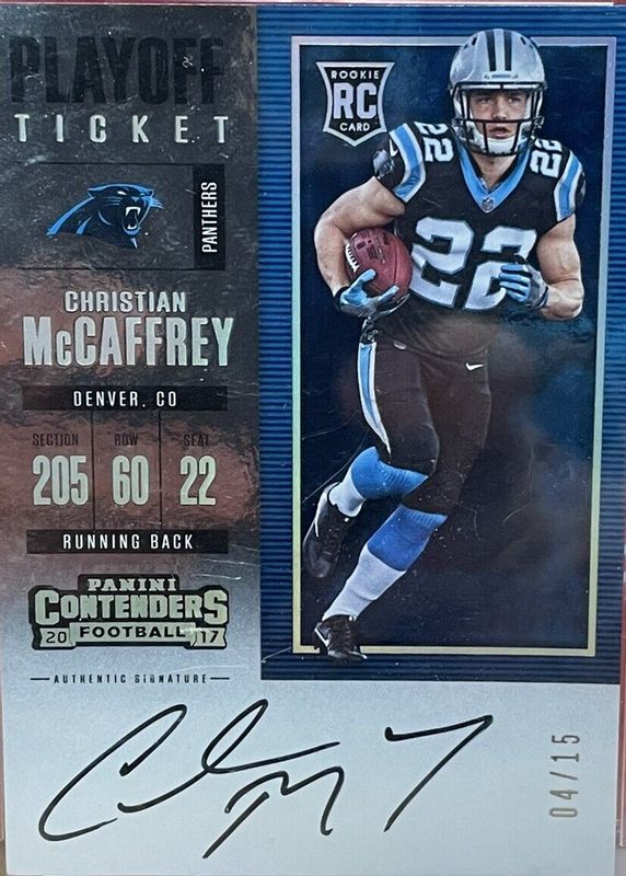 Christian McCaffrey 2017 Contenders #311 Rookie Ticket Auto - Playoff (/15) Rookie PSA 7.5