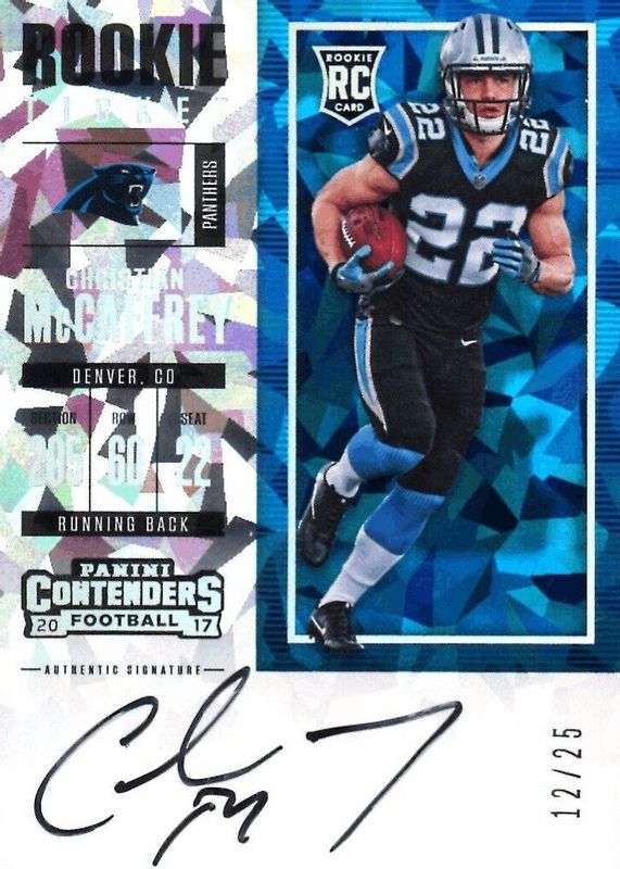 Christian McCaffrey 2017 Contenders #311 Rookie Ticket Auto - Cracked Ice /25 Rookie BGS 10 PRISTINE