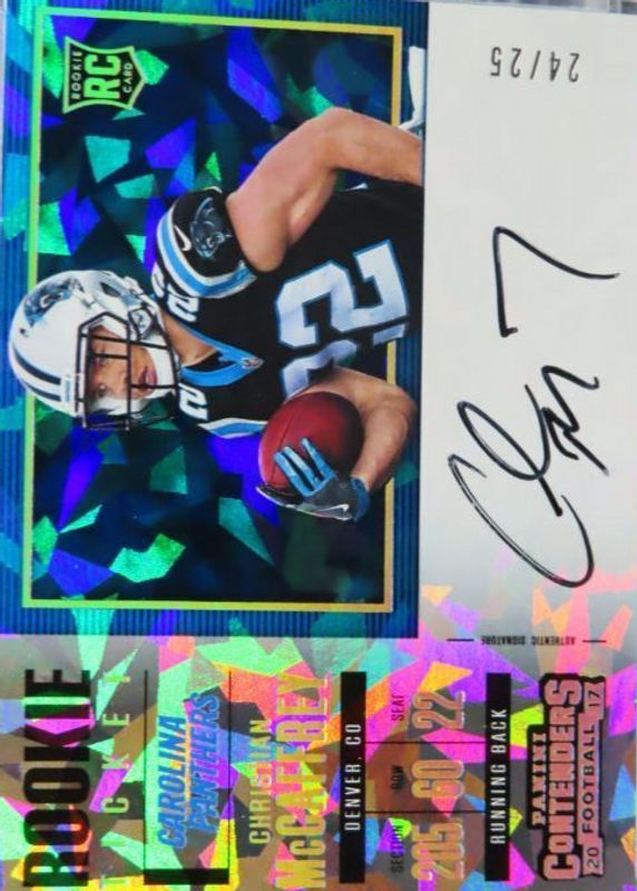 Christian McCaffrey 2017 Contenders #351 Rookie Ticket Auto Variation - Cracked Ice /25 Rookie PSA 10