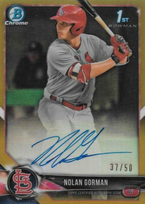 Nolan Gorman 2018 Bowman Draft #CDA-NG Chrome DP Auto - Gold Refractor /50 (1st) PSA 8